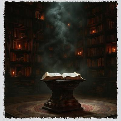 The primary subject of the image is a large book, which is placed on a table. The setting is a library, with numerous books surrounding the book on the table. The visual style is a photo, capturing the details of the book and the library environment. The colors and mood of the image are predominantly dark, with the book and the library creating a sense of mystery and intellectual curiosity.